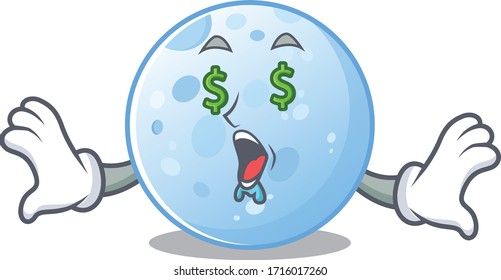 Rich cartoon character design of blue moon with money eyes