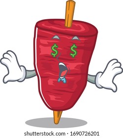 Rich cartoon character design of doner kebab with money eyes