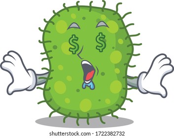 Rich cartoon character design of escherichia with money eyes