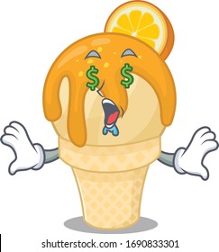 Rich cartoon character design of orange ice cream with money eyes