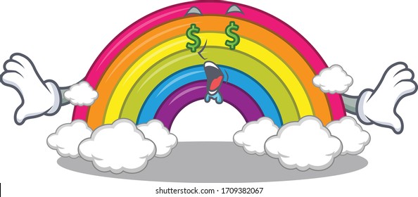 Rich cartoon character design of rainbow with money eyes