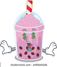 Rich cartoon character design of taro bubble tea with money eyes