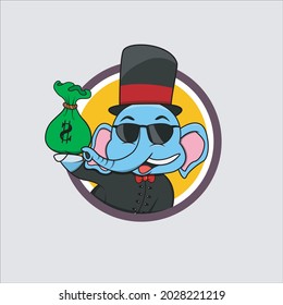 Rich Cartoon Elephant Head Circle Label With Bring Money, Yellow Colors Background, Cartoon, Mascot, Animals, Character, Vector and Illustration.
