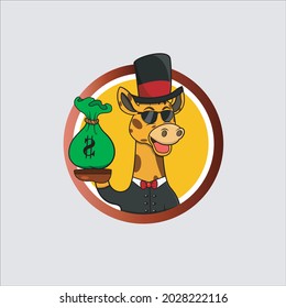 Rich Cartoon Giraffe Head Circle Label With Bring Money, Yellow Colors Background, Cartoon, Mascot, Animals, Character, Vector and Illustration.