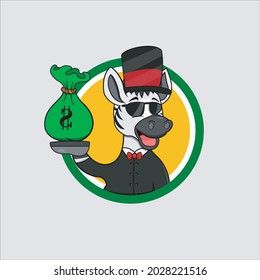 Rich Cartoon Zebra  Head Circle Label With Bring Money, Yellow Colors Background, Cartoon, Mascot, Animals, Character, Vector and Illustration.