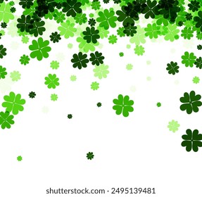 A rich cascade of clover leaves flows from the top, fading into a sparse arrangement towards the bottom, set on a white background, ideal for St. Patrick's Day themes.