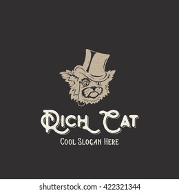 Rich Cat Abstract Vintage Vector Sign, Symbol, Illustration or Logo Template with Shabby Textures and Retro Typography. On Dark Background.