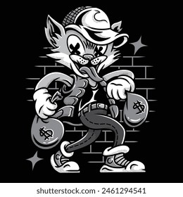 Rich Cat with Bag of Money Animal in Grayscale Illustration