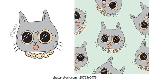 rich cat cute cartoons pattern. cat wearing a gold necklace and sunglasses. The seamless cute pattern in a girl, boy, baby fashion isolated cat doodle. Vector design for fashion.