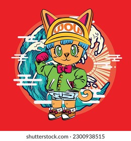 the rich cat illustration design for sukajan is mean japan traditional cloth or t-shirt with digital hand drawn Embroidery Men T-shirts Summer Casual Short Sleeve Hip Hop T Shirt Streetwear