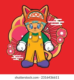 the rich cat illustration design for sukajan is mean japan traditional cloth or t-shirt with digital hand drawn Embroidery Men T-shirts Summer Casual Short Sleeve Hip Hop T Shirt Streetwear