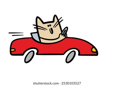 Rich cat is riding in an expensive car on the road. Vector illustration of a red racing car and driver. Transport and pet turns the steering wheel. Isolated animal character on white background.