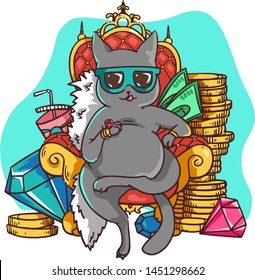 Rich cat in sunglasses sits on a throne of red velvet surrounded by gold coins, multicolored gems and bills. Millionaire cat is a symbol of wealth, success of the abundant life