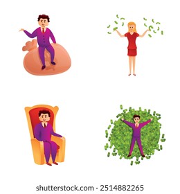 Rich character icons set cartoon vector. People on money bag and dollar pile. Wealth, prosperity, profit