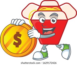 Rich chinese box noodle mascot cartoon design style with gold coin