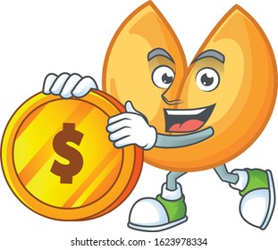 Rich chinese fortune cookie mascot cartoon design style with gold coin