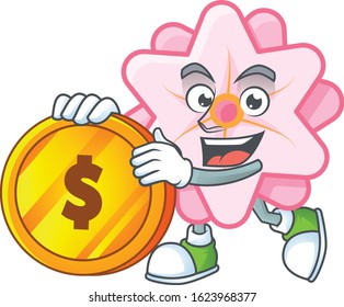 Rich chinese pink flower mascot cartoon design style with gold coin