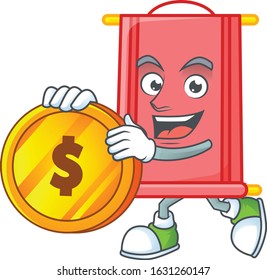Rich chinese red scroll mascot cartoon design style with gold coin