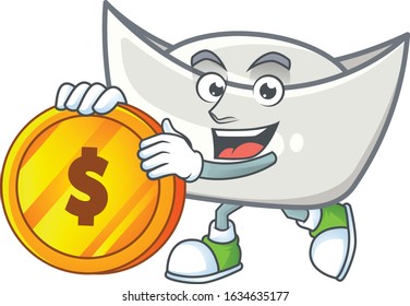 Rich chinese silver ingot mascot cartoon design style with gold coin