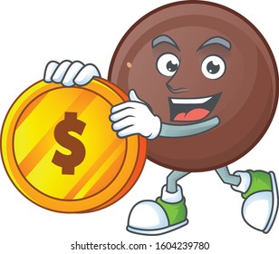 Rich chocolate ball mascot cartoon design style with gold coin