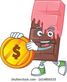 Rich chocolate bar with pink cream mascot cartoon design style with gold coin