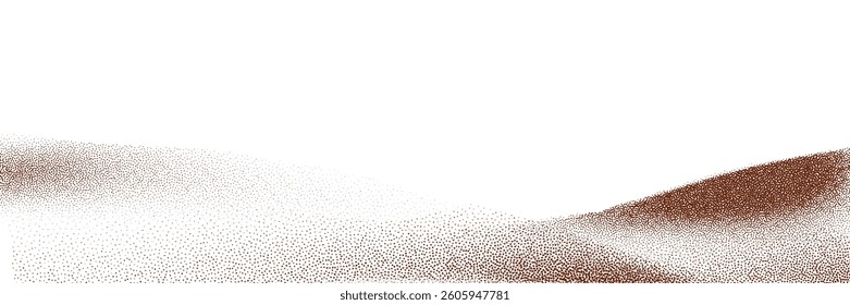  Rich chocolate and coffee powder scattered over a light background, with sprinkles of cocoa and particles of earthy dust. The surface features a textured brown sand effect.