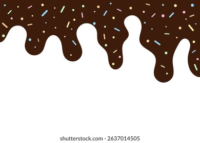 Rich Chocolate Dripping Icing with Colorful Sprinkles. Abstract Dessert Background. Vector Illustration