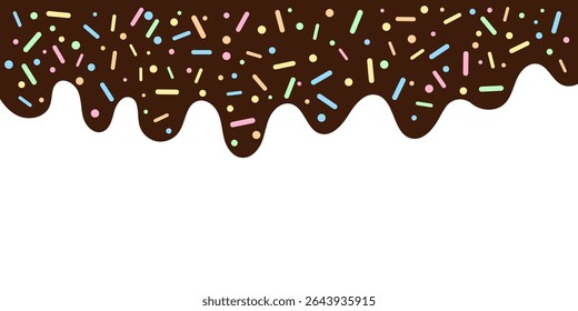 Rich Chocolate Dripping Icing with Colorful Sprinkles. Abstract Dessert Background. Vector Illustration