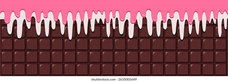 Rich Chocolate Peanut Ice Cream and Strawberry  Ice Cream Melted on Chocolate Bar Background Vector Illustration