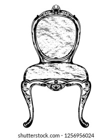 Rich classic armchair. Royal style decotations. Victorian ornaments engraved. Imperial furniture decor. Vector illustrations line art baroque stylish design