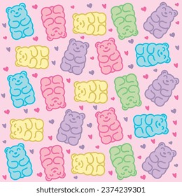 Rich collection of delicious bears with gelatin gummy bears, Pattern of colorful gummy bears with hearts