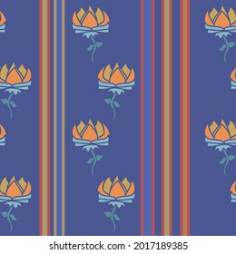 Rich colored floral vector repeat pattern with orange flowers and purple and orange stripes n a column design