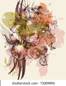 rich colorful bouquet of hand drawn irises and plants