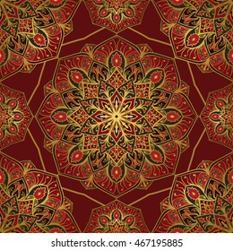 Rich colorful ornament of mandala on a dark red background. Template for oriental carpets, shawls, textiles, fabric.