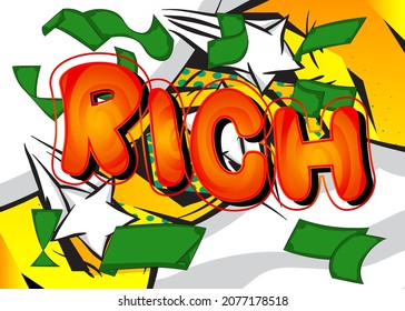 Ricos. Texto de libro de historietas sobre fondo de historietas abstractas. Ilustración de estilo de arte pop retro.