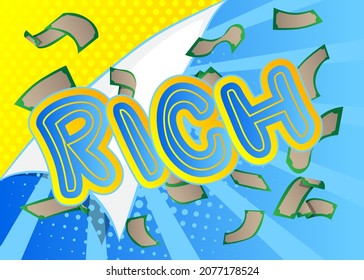 Ricos. Texto de libro de historietas sobre fondo de historietas abstractas. Ilustración de estilo de arte pop retro.