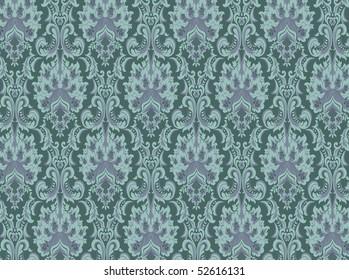 rich and complex damask pattern in tones of blue-grey-green