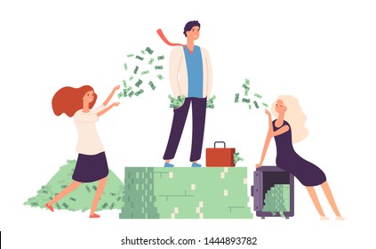Rich concept. Businessman standing on money dollar pile expensive life prosperity. Finance management profitability greed vector stock. Businessman rich, stay on dollar pile illustration