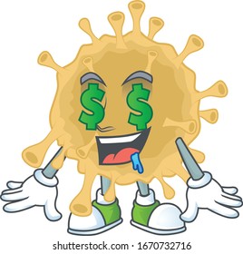 Rich coronavirus particle with Money eye mascot character concept