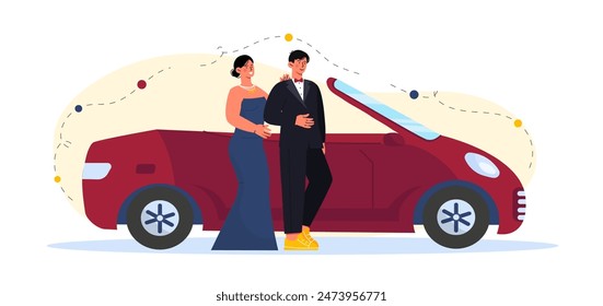 Rich couple with car. Man and woman in expensive clothes near luxury vehicle. Young pair with wealth. Millionaires with convertible. Cartoon flat vector illustration isolated on white background