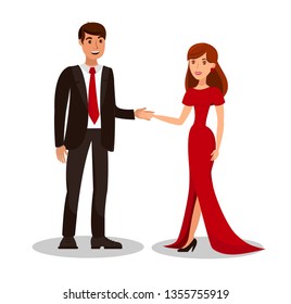 Rich Couple on Romantic Date Vector Illustration. Man in Suit with Tie and Woman in Evening Dress Cartoon Characters. Young People Holding Hands. Prom Night, Valentine Day Celebration