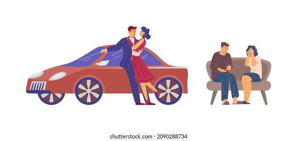 Rich couple spends money and a poor couple who has no money, flat vector illustration isolated on white background. Social divide between rich and poor.