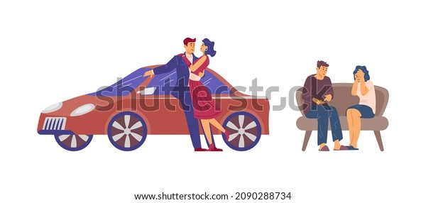 Rich couple spends money and a poor couple\
who has no money, flat vector illustration isolated on white\
background. Social divide between rich and\
poor.