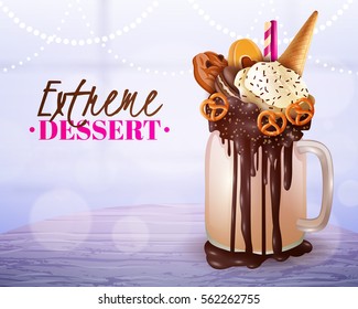 Rich cream chocolade cake and cookies topped overload milkshake jar dessert with blurred light background vector illustration 