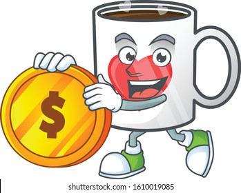 Rich cup of coffee with heart mascot cartoon design style with gold coin