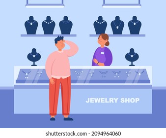 Una clienta rica y vendedora en una tienda de joyería. Tienda interior, hombre comprando joyería en la pequeña ilustración de vector plana. Compras, accesorios, lujo, concepto de moda para banner