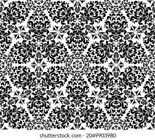 Rich damask ornament seamless pattern. Black and white. Decorative texture. Mehndi patterns. For fabric, wallpaper, venetian pattern,textile, packaging.
