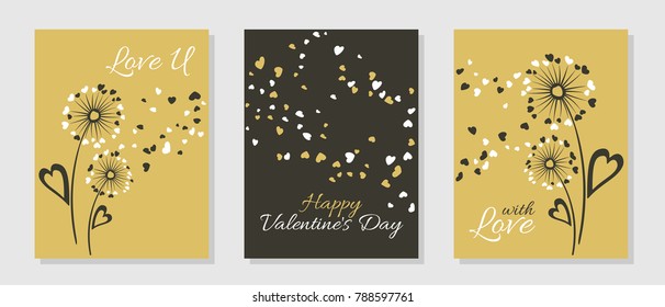 Rich dandelion flowers valentine template for cards, vector layouts set. With Love, Happy Valentine's Day text on card layouts. Heart shaped flying petals, love symbols. Dandelion blowing and text.