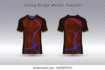 Rich dark brown jersey template with interwoven organic shapes in brown, red, pink, and blue, creating a bold, artistic aesthetic. Perfect for outdoor teams, adventure sports, or standout athletic wea