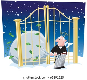 rich dead man trying to get bag of money past Pearly Gates
